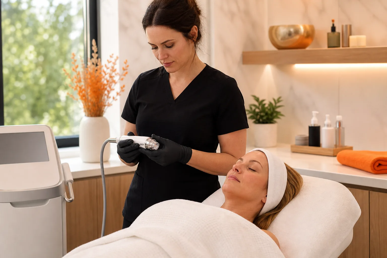 RF microneedling device and professional treatment in a luxury medical spa