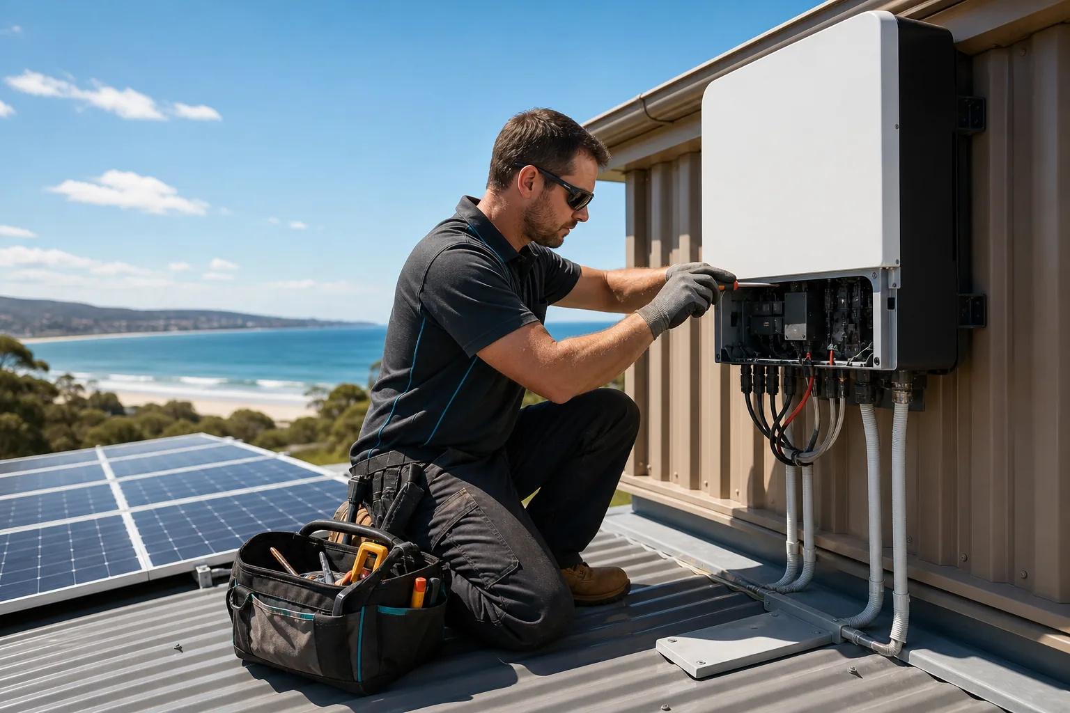 Licensed electrician performing solar inverter replacement