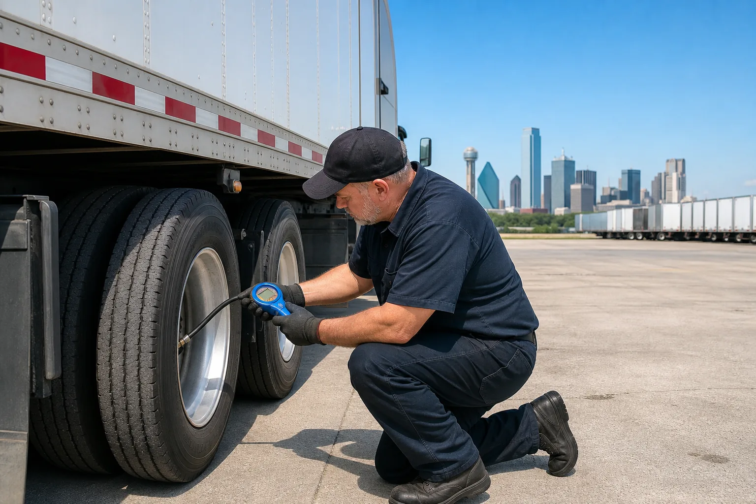 Inspecting 18‑wheeler tire pressure to prevent blowout