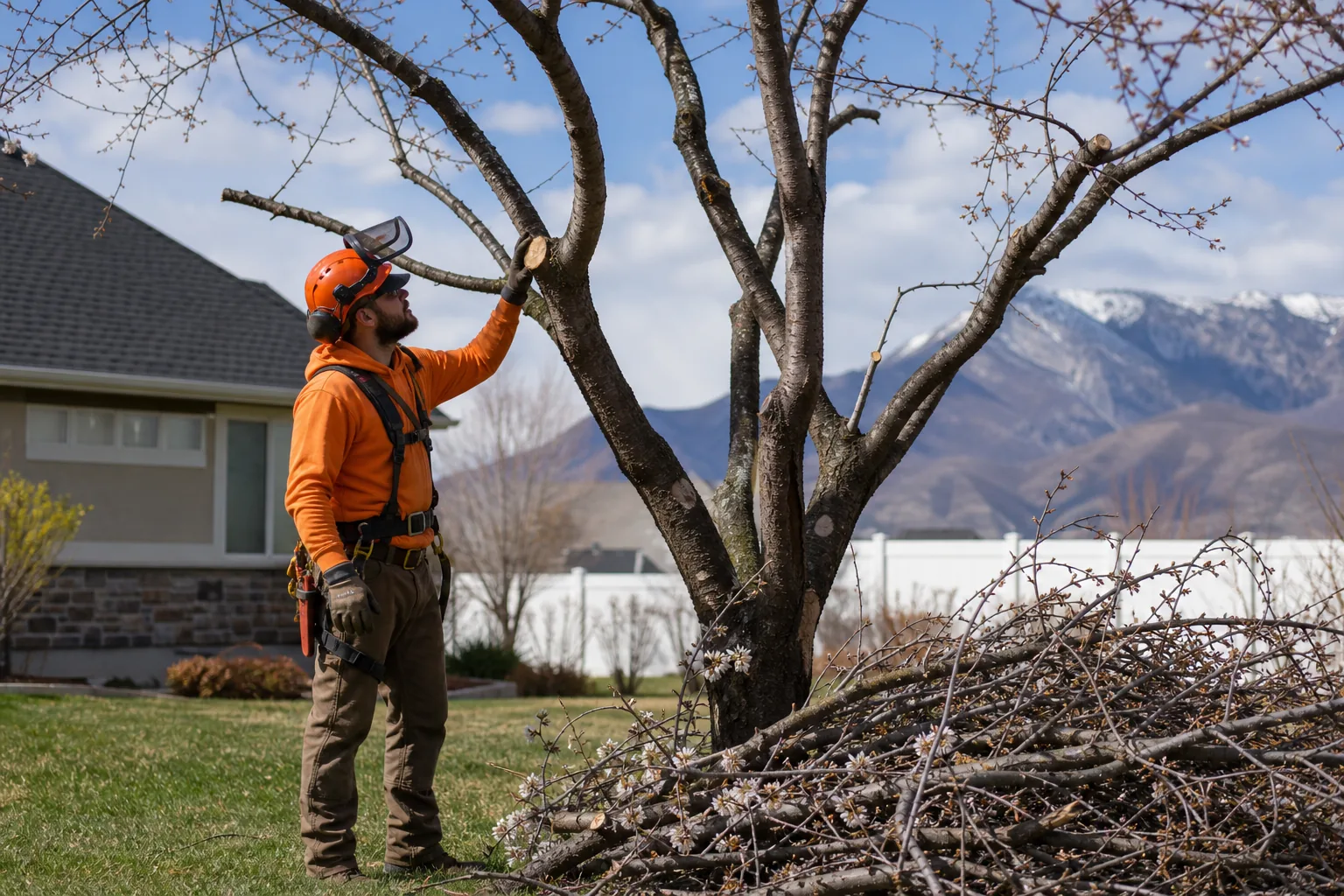 How to Prune Cherry Trees: Step-by-Step Guide 2 arborist checking cherry tree pruning cuts and cleanup