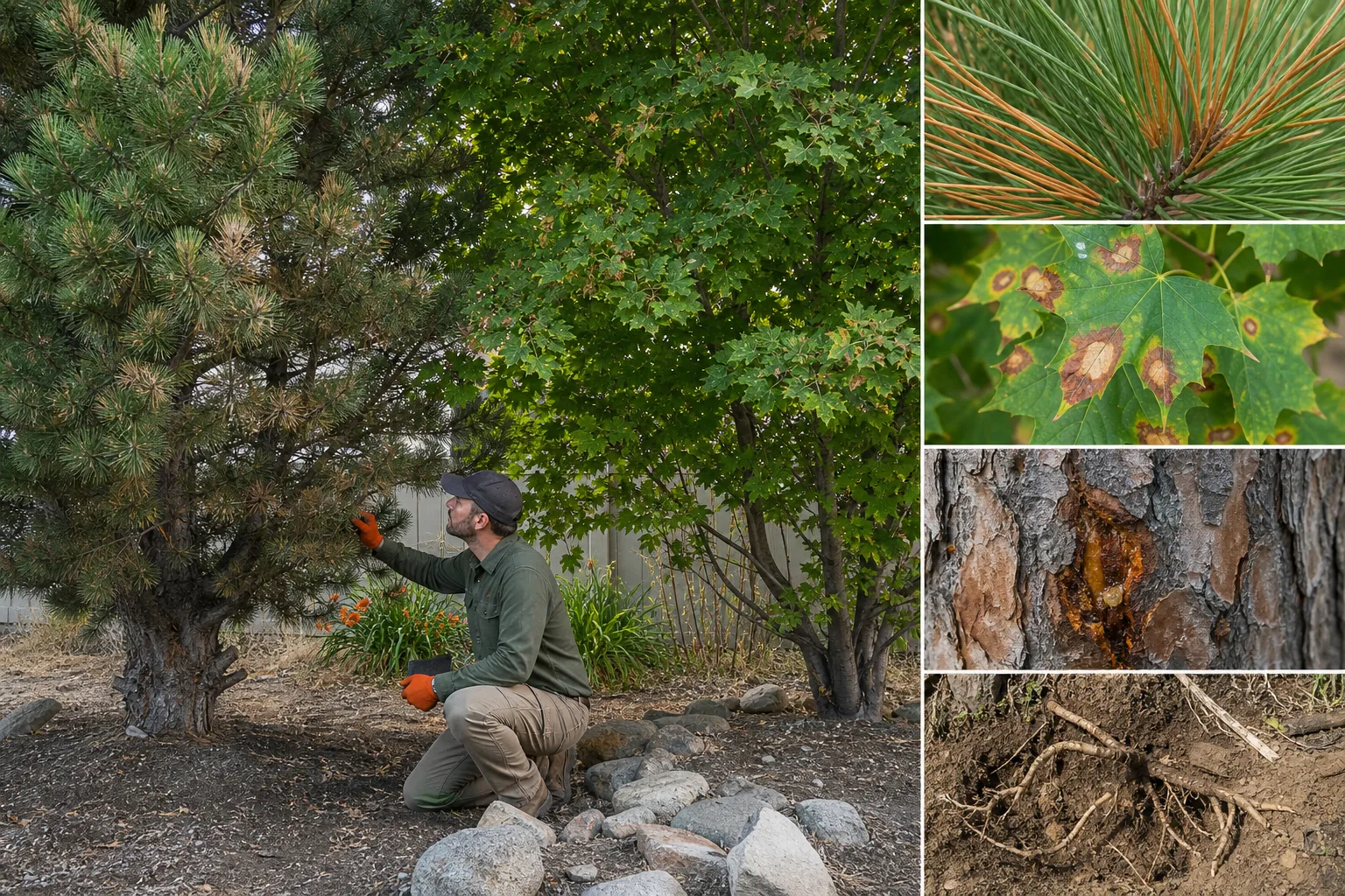 Tree Fungus Treatment: A Step-by-Step Guide 1 inspecting tree fungus symptoms on pine needles, leaves, bark, and roots in Northern Utah
