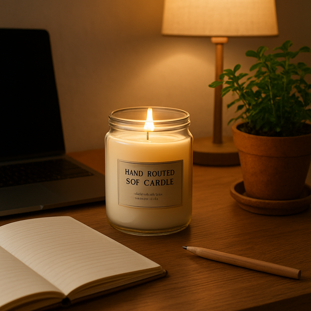 A cozy home office desk with a hand‑poured soy candle in a clear glass jar, soft light spilling onto a notebook and a potted herb. Alt: hand‑poured soy candle on desk creating a warm ambiance