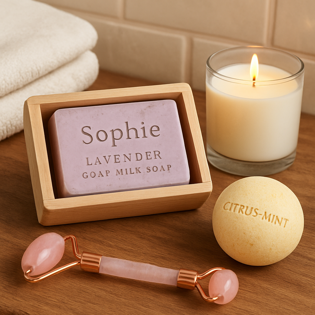 A cozy bathroom scene showing a personalized lavender goat‑milk soap bar in an engraved wooden box next to a scented candle, with a rose‑quartz crystal roller and a custom‑named citrus‑mint bath bomb. Alt: Personalized bath gift set for a thoughtful present.