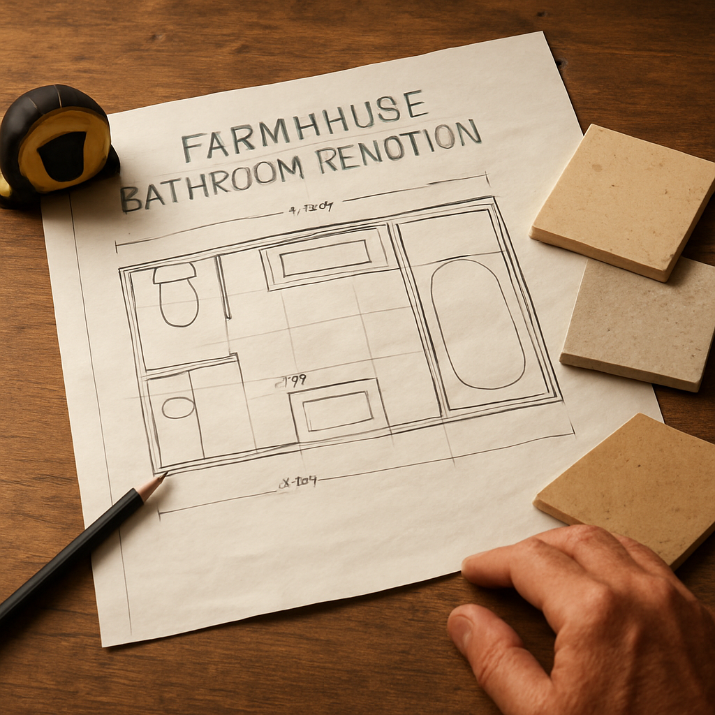 A realistic illustration of a farmhouse bathroom renovation plan laid out on a wooden table, with tape measure, sketch paper, and sample tile swatches. Alt: Detailed farm bathroom renovation planning scene for bathroom renovations Tamworth.