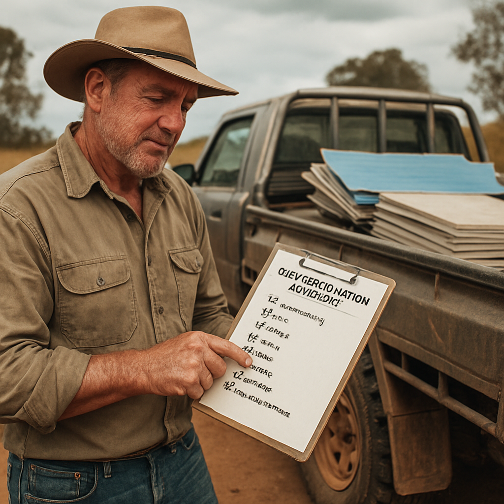 A seasoned rural builder reviewing a bathroom renovation checklist beside a 4x4 truck loaded with tiles and waterproofing sheets on a dusty farm property. Alt: Rural bathroom renovation compliance checklist on site.