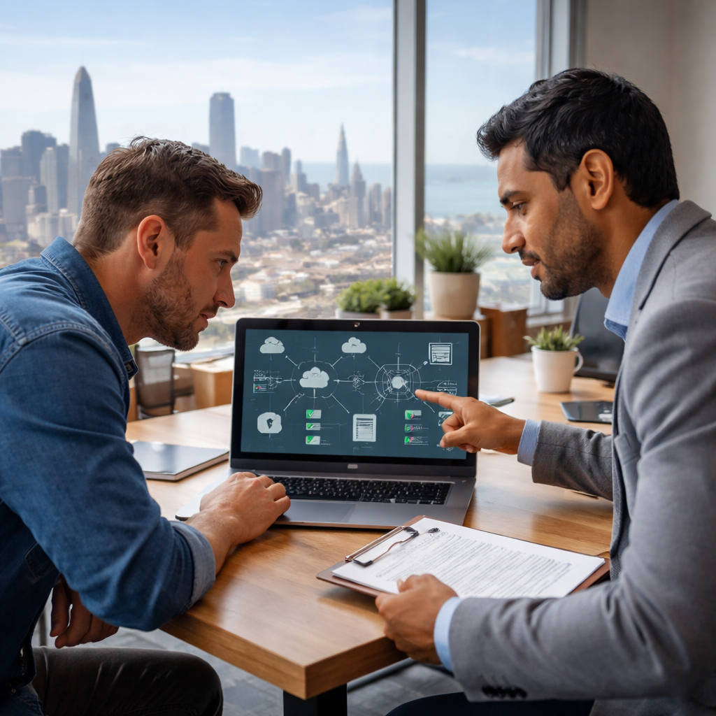 Two professionals discussing IT solutions on a laptop displaying a cloud-based client management system, with a view of the Bay Area skyline in the background.