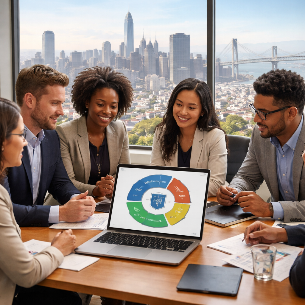 Group of business professionals collaborating around a laptop displaying a colorful diagram, with the San Francisco skyline visible through the window, emphasizing teamwork and strategic IT planning for SMBs.