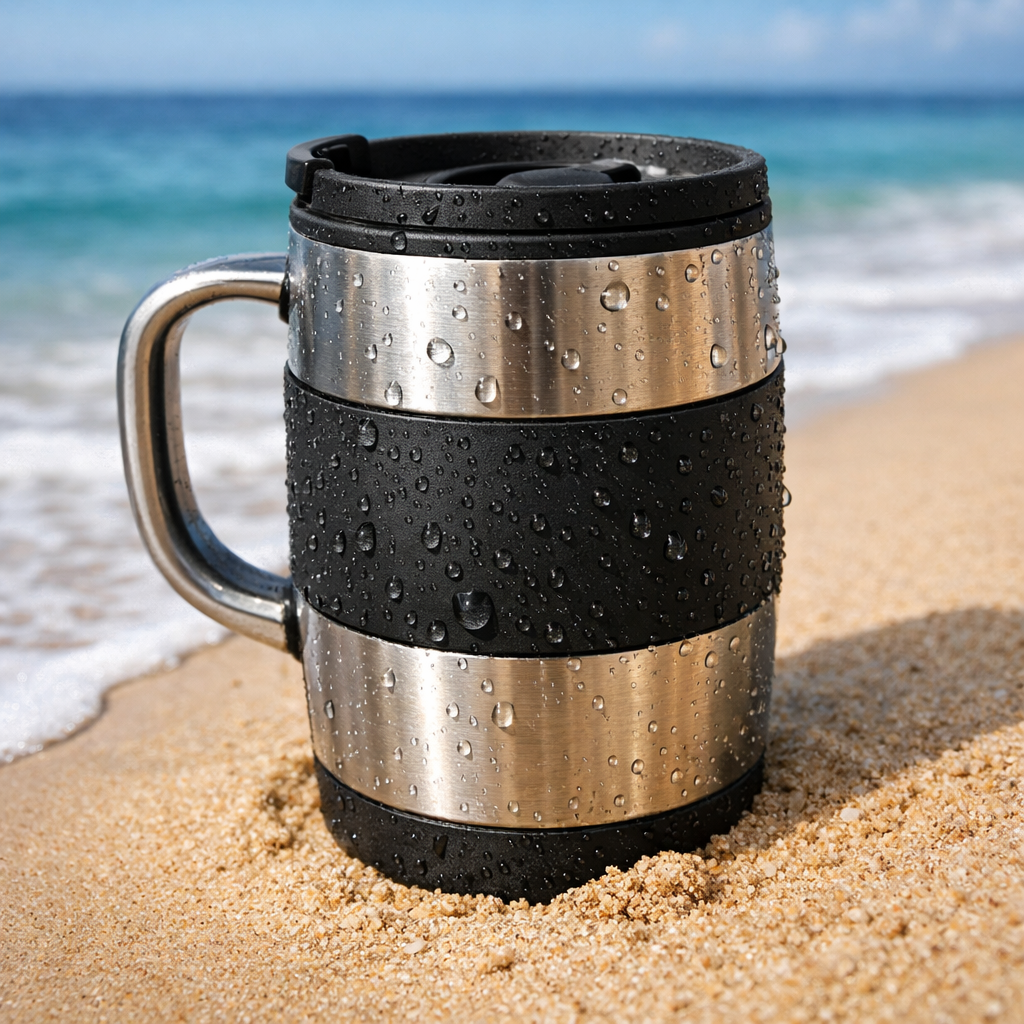 A realistic photo of a smooth stainless steel coffee mug with a silicone grip sleeve on a sandy beach, showing water droplets beading off the surface. Alt: beach coffee mug design that resists sand.