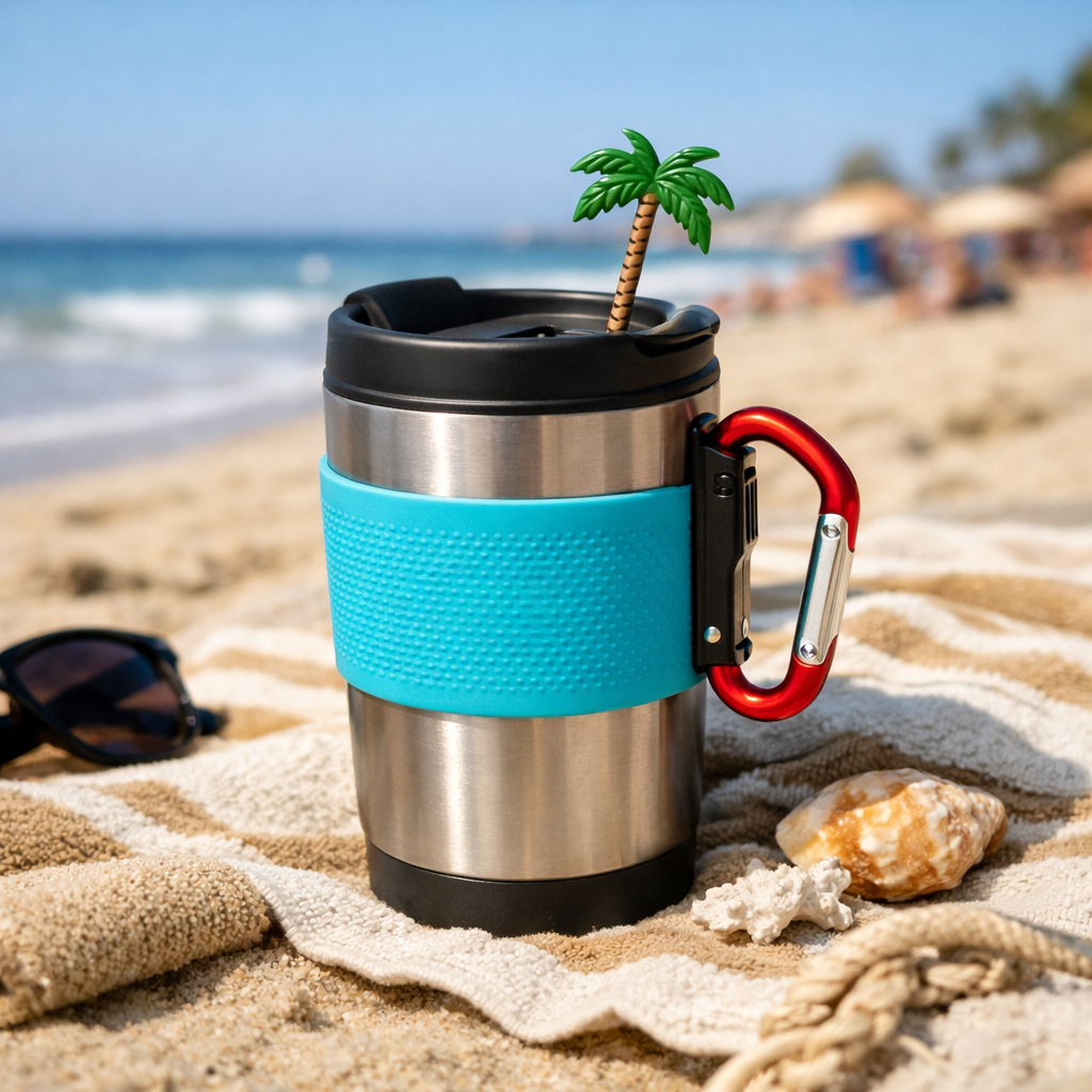 A realistic scene of a beach coffee mug with a bright silicone sleeve, a carabiner, and a small palm‑tree flag, all set on a sandy blanket. Alt: coastal accessories for a beach coffee mug.