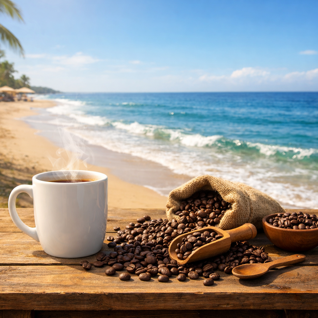 A realistic scene of a sunny beach with a wooden table holding a steaming mug, a coffee bean spread, and gentle waves in the background. Alt: beach coffee subscription lifestyle.