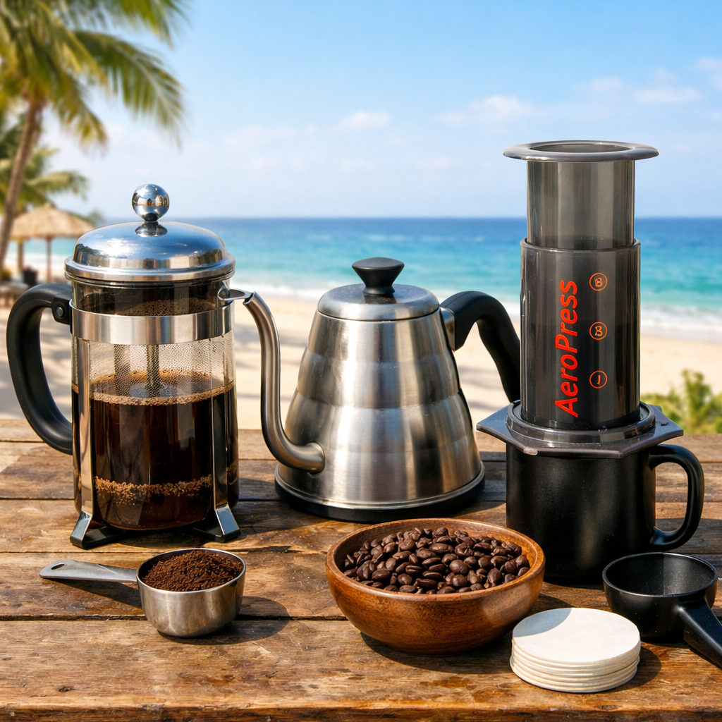 A realistic close‑up of coffee brewing tools , French press, drip kettle, AeroPress , on a sunny patio with a beach background. Alt: beach coffee subscription brewing guide.