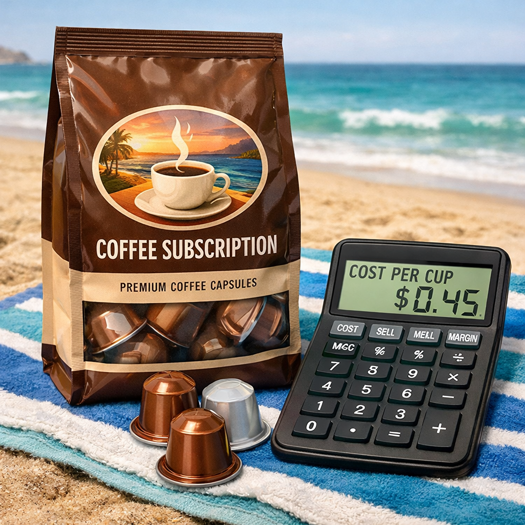 A realistic illustration of a coffee bag with sealed capsules, a beach towel, and a calculator showing cost per cup. Alt: coffee subscription pricing visual