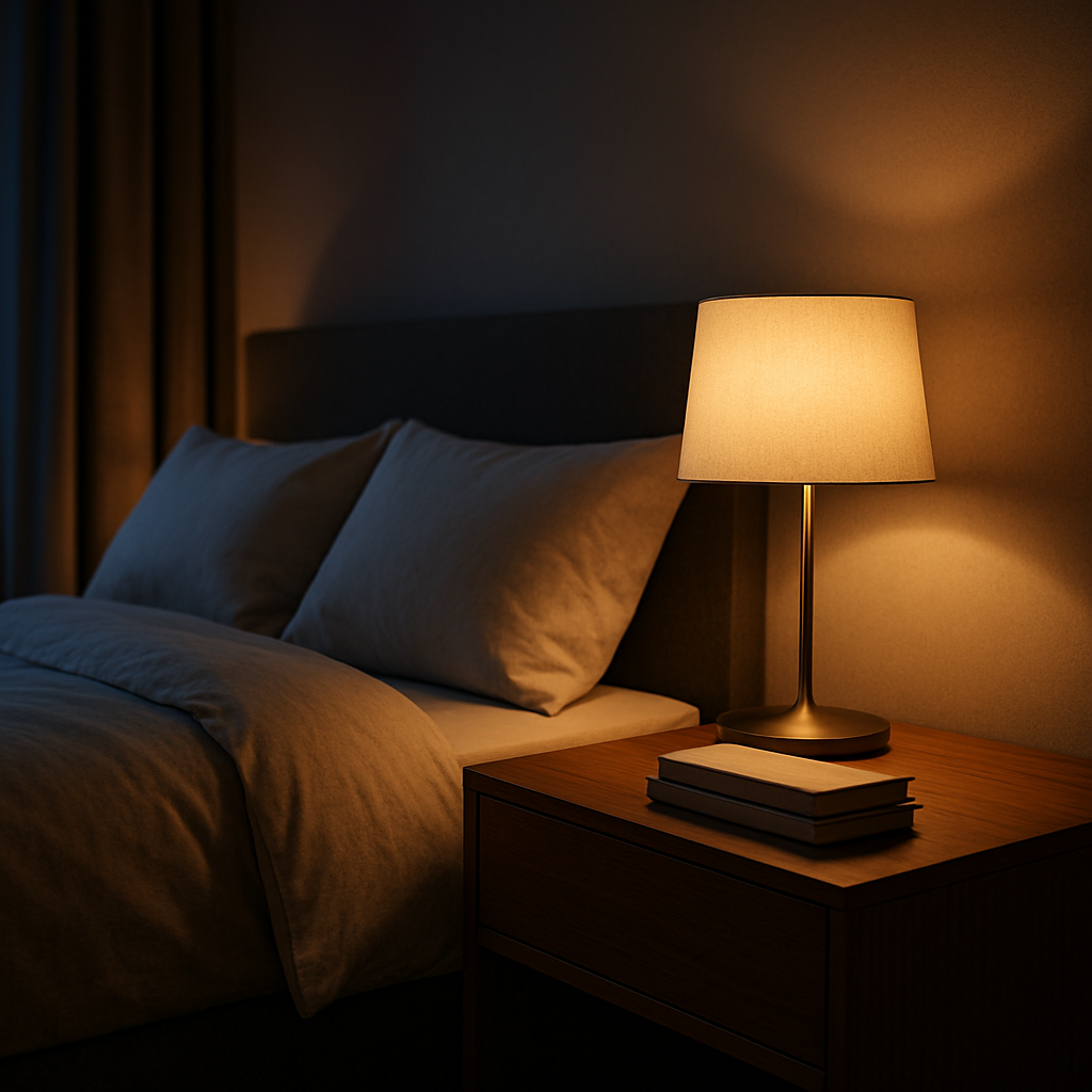 A cinematic image of a modern bedroom with a sleek wooden bedside table beside a king‑size bed, soft evening light casting gentle shadows, a lamp and a stack of books on the table, reflecting a cozy yet luxurious atmosphere. Alt: bedside table in modern bedroom