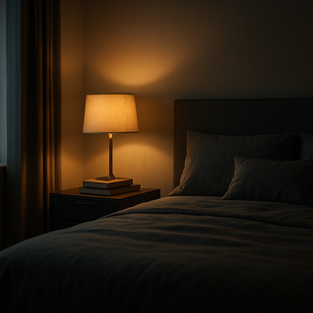 A cinematic scene of a modern bedroom with a sleek bedside table beside a king‑size bed, soft evening light casting gentle shadows, a lamp and a stack of books on the table, reflecting a cozy yet luxurious atmosphere. Alt: bedside table in modern bedroom.