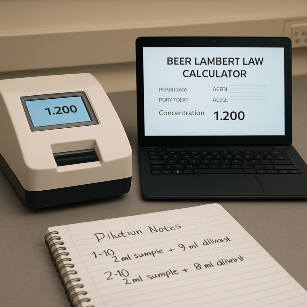 A lab bench with a spectrophotometer screen showing a concentration number, a laptop displaying a beer lambert law calculator, and a notebook with dilution notes. Alt: Interpreting Beer Lambert law calculator results on a lab bench.