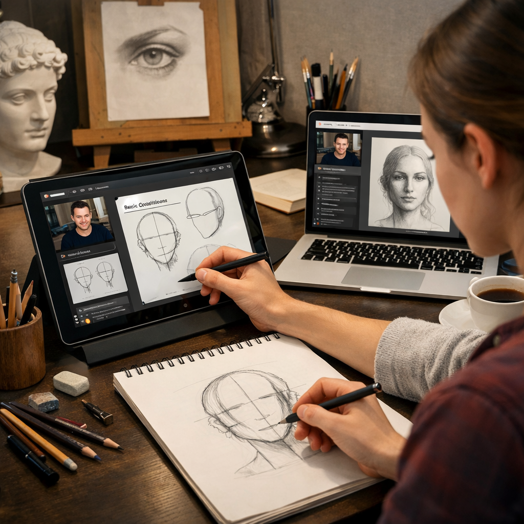 A realistic studio scene with a student sketching on a tablet and paper, showing both digital and traditional tools. Alt: beginner drawing course online, digital and traditional drawing setup