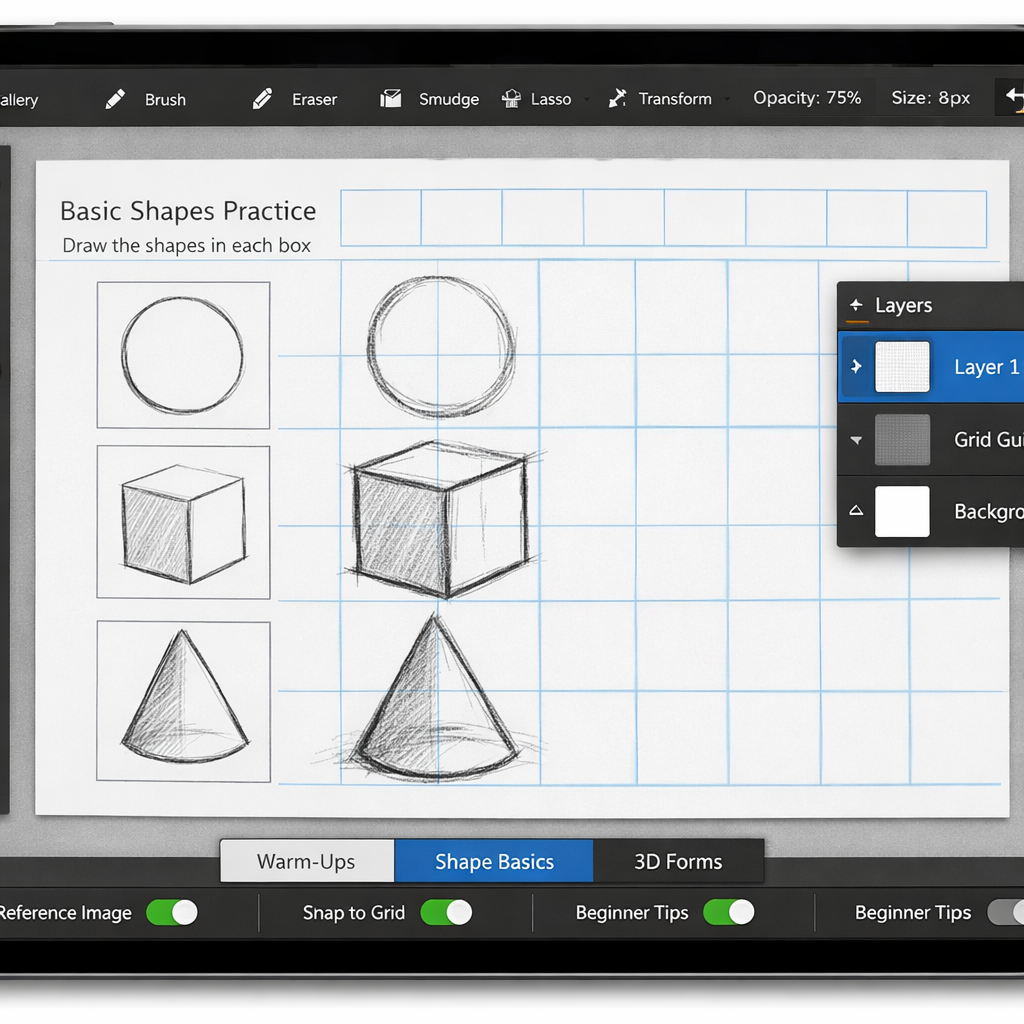 A realistic screenshot of a tablet screen showing a drawing app with grid guides and a sketch in progress. Alt: interactive drawing app for beginners, grid guides, practice exercises