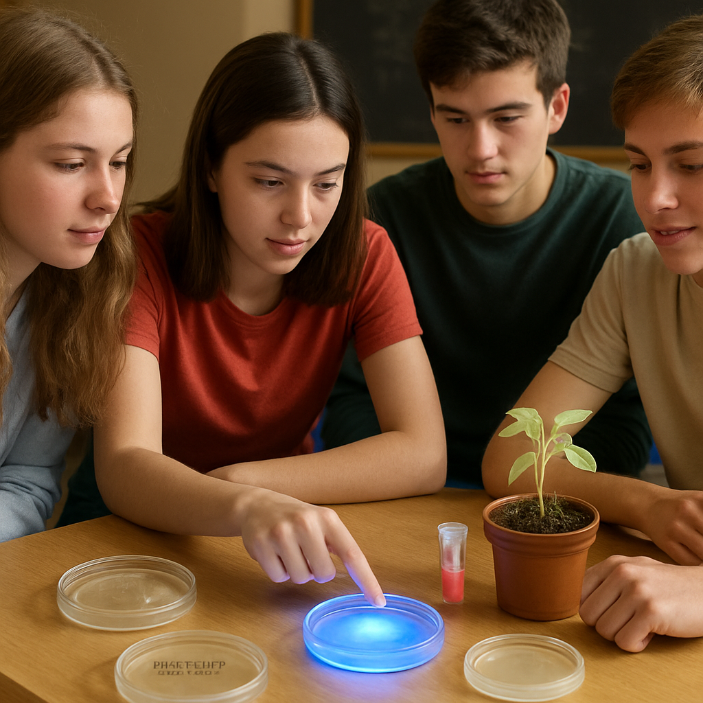 A photorealistic classroom bench with high school students gathered around petri dishes, one dish glowing under a blue LED, another with antibiotic‑selection plates, a small tube showing colour change, and a potted Arabidopsis seedling with pale leaves; realistic lighting, detailed lab equipment, alt: beginner friendly CRISPR gene editing activities for high school