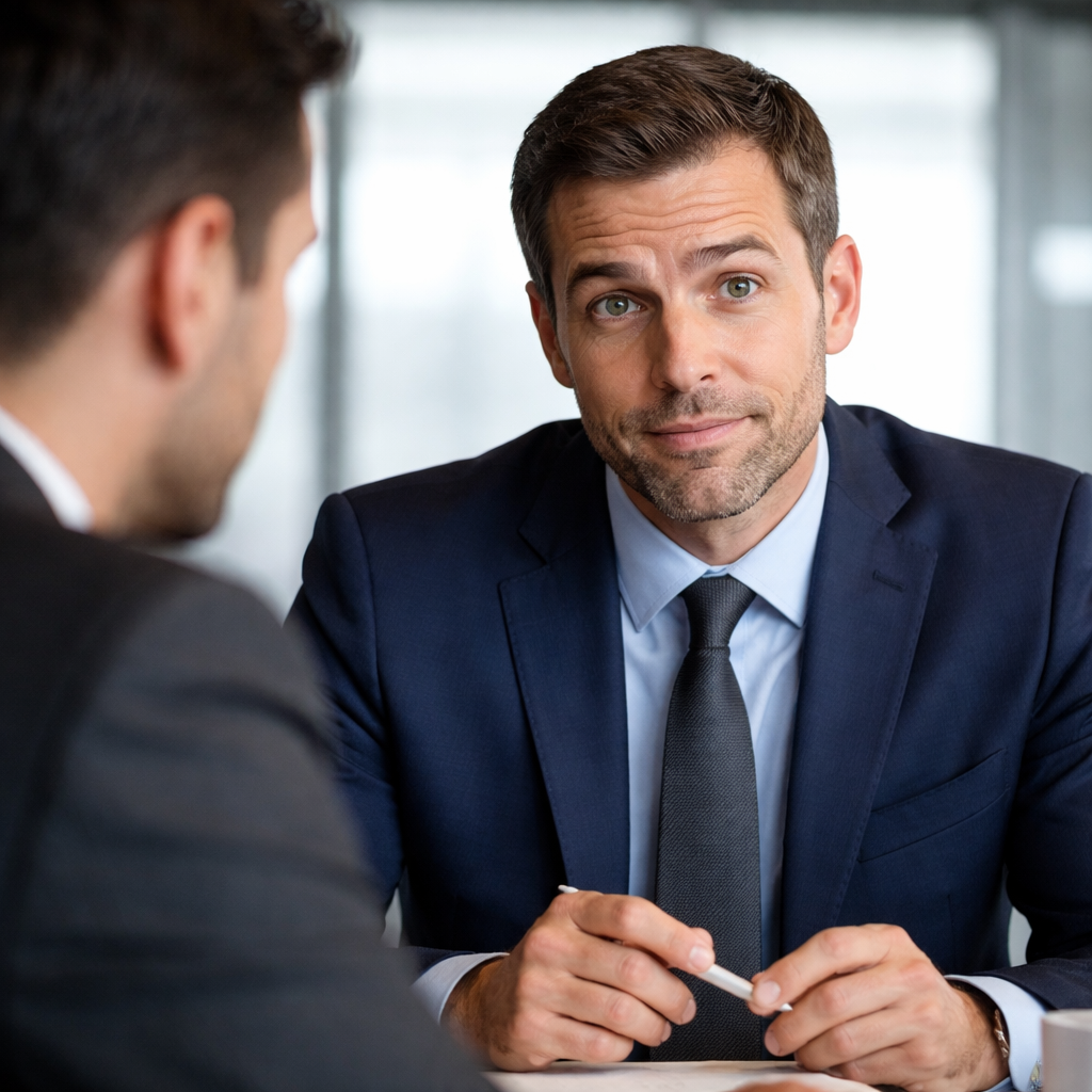 A photorealistic close‑up of two business people in a meeting room, one person’s face showing a brief eyebrow raise and slight mouth twitch while the other watches, realistic lighting. Alt: Detecting facial micro‑expressions in negotiations