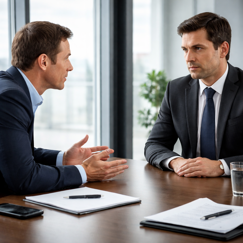 A photorealistic image of a corporate negotiation role‑play, showing two professionals at a conference table, one leaning forward with open posture, the other with hidden hands, highlighting behavioral cues to detect deception in negotiations. Alt: realistic depiction of role‑play scenario for deception detection.