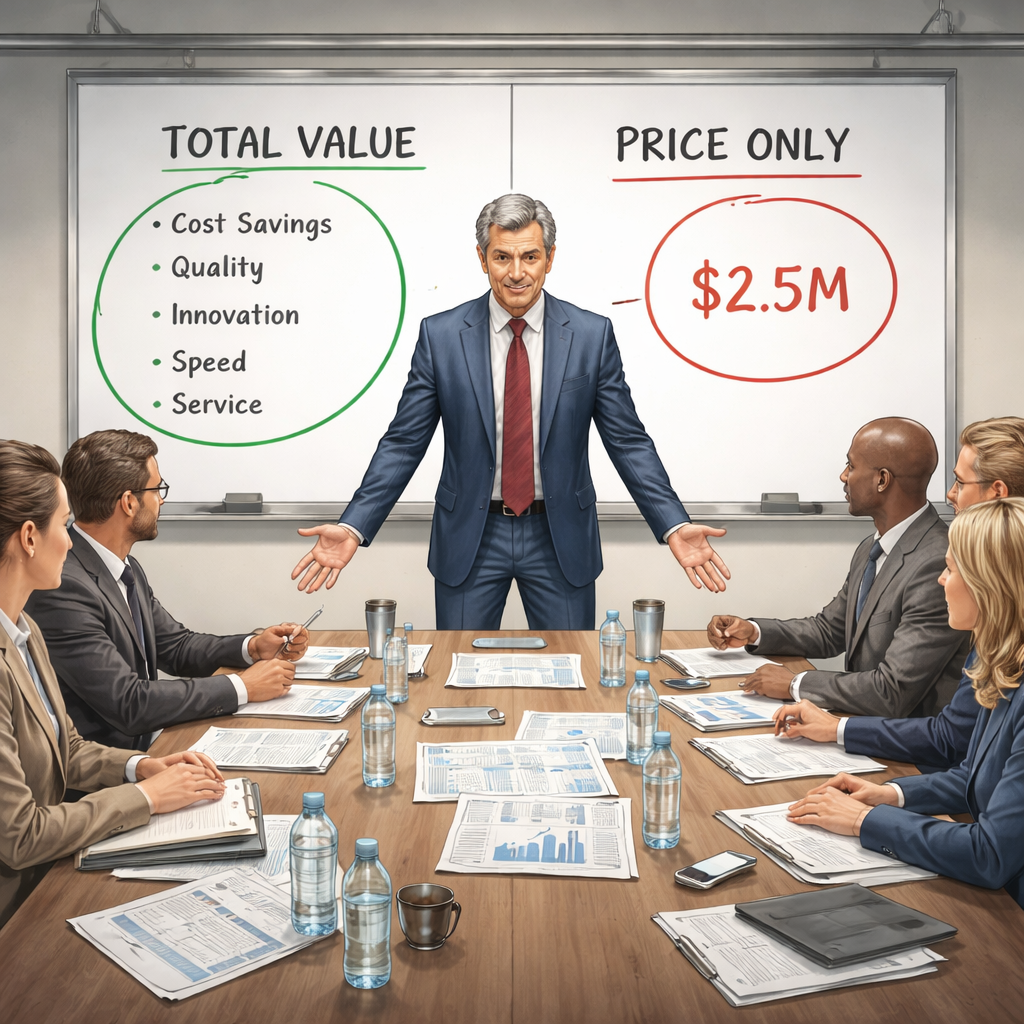 A realistic illustration of a negotiation table with a bold anchor figure highlighted, showing total‑value framing versus price‑only focus. Alt: framing and anchoring visual for procurement negotiation