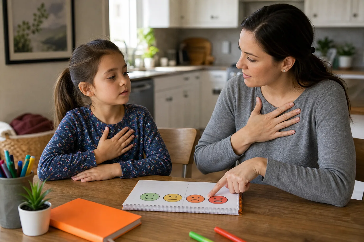 parent teaching CBT and emotional regulation skills to a child at home.