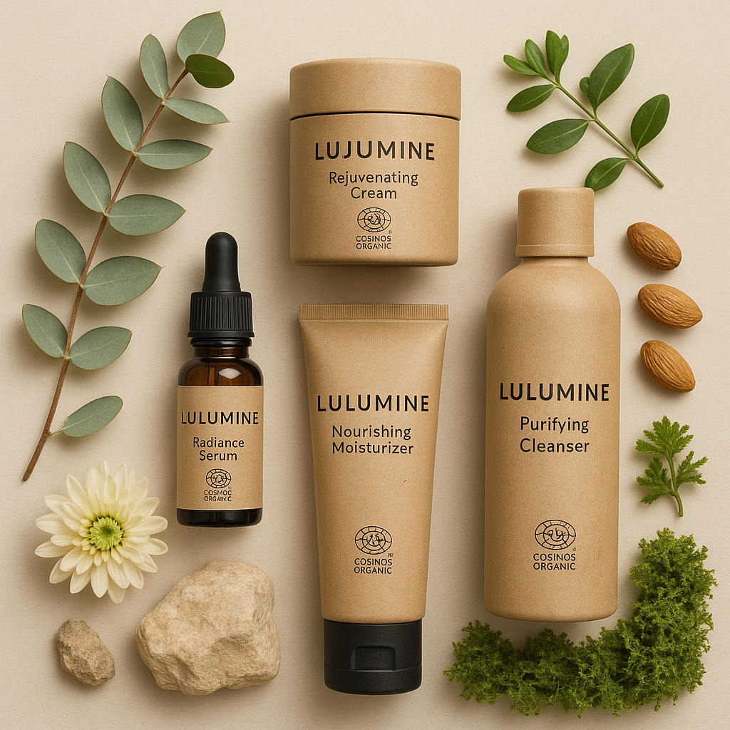 A flat lay of Lulumine’s COSMOS certified product line with recyclable packaging surrounded by natural elements. Alt: Sustainable packaging of behind the brand Lulumine founder story products.