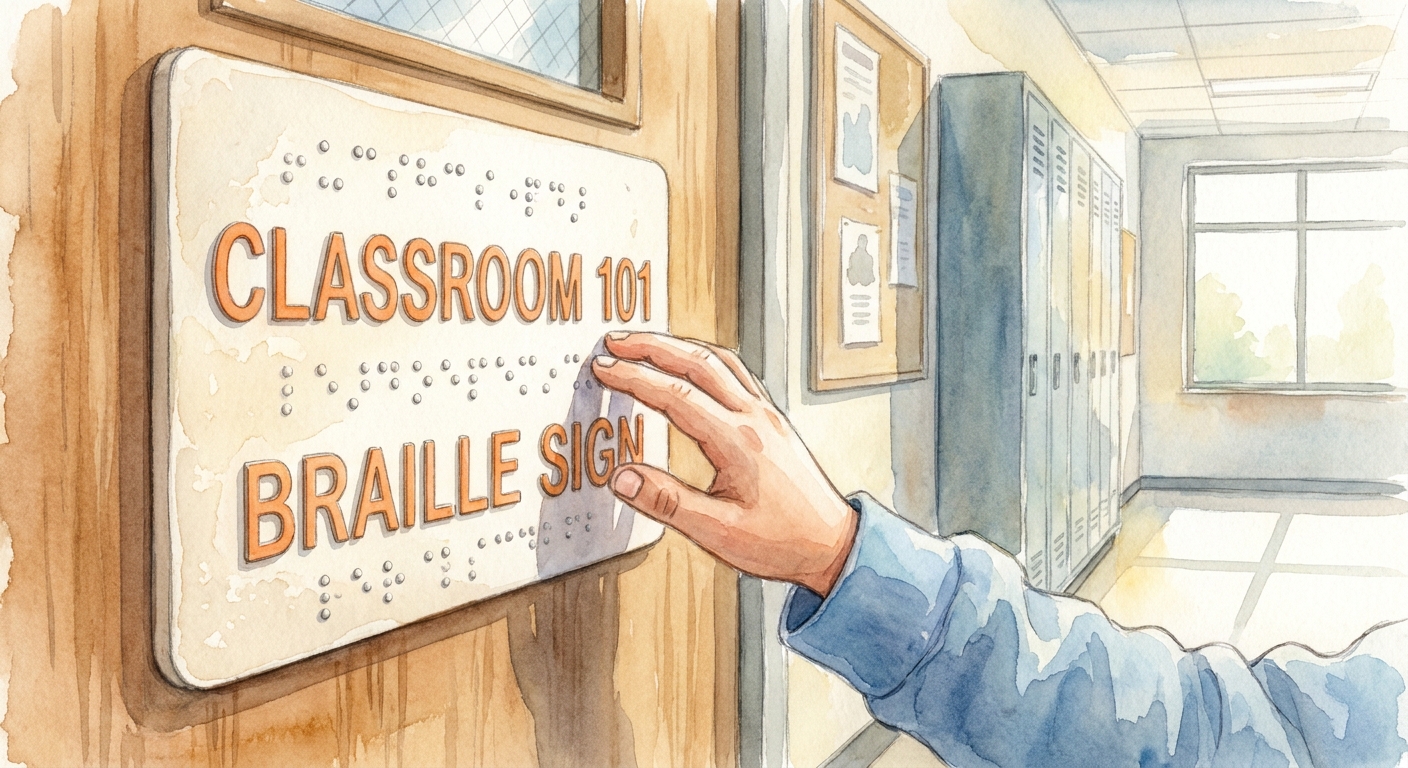 Watercolor scene of a child's hand reading a tactile Braille door sign in a bright school hallway, raised dots and high relief letters visible. Alt: señalética braille para inclusión de estudiantes con discapacidad visual en una escuela.