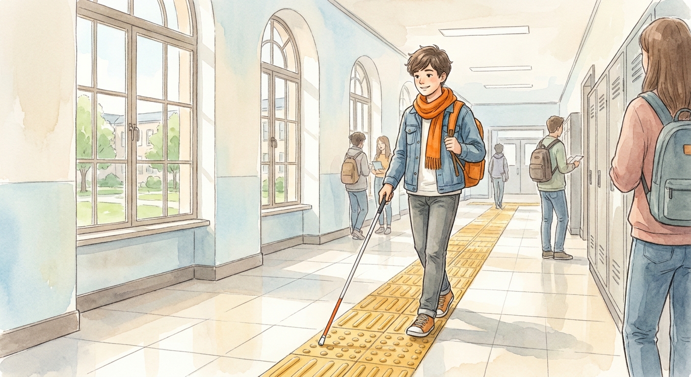 Watercolor illustration of a blind teenage student walking confidently along a tactile paving path in a university corridor, white cane touching textured floor tiles. Alt: estudiante con discapacidad visual se desplaza con autonomía usando señalética braille y losetas podotáctiles.