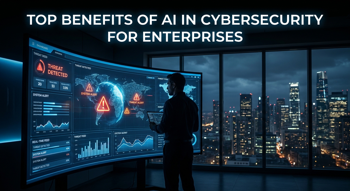 A cinematic scene showing a digital dashboard with flashing alerts, a security analyst monitoring real‑time threat feeds on multiple screens, night‑time city skyline in the background. Alt: AI‑driven real‑time threat detection visual.