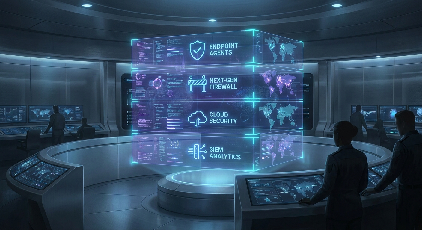A cinematic illustration of a security operations hub with holographic layers representing SIEM analytics, endpoint agents, a next‑generation firewall, and cloud security dashboards merging together. Alt: AI‑powered security stack visual.