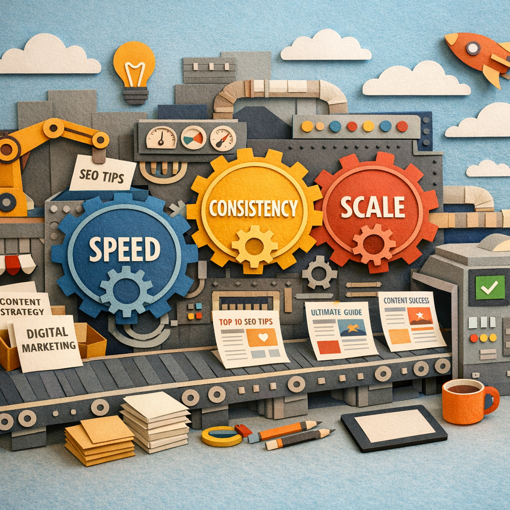A Papercraft illustration of a fast‑moving assembly line turning keyword cards into polished blog articles, with gears labeled Speed, Consistency, and Scale, appealing to digital marketers. Alt: Benefits of automated content engines for blog SEO.