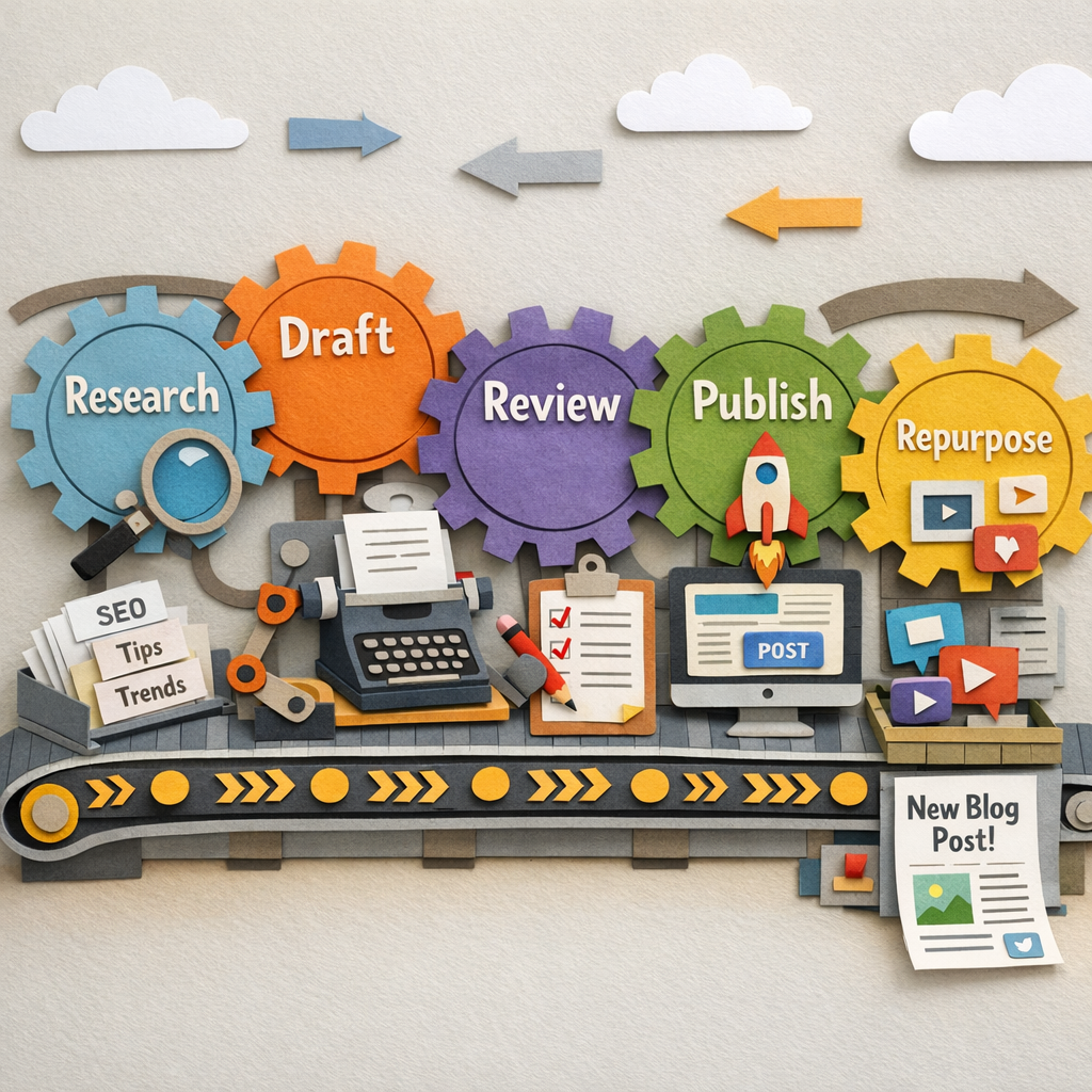 A Papercraft illustration of a streamlined production line turning keyword cards into polished blog posts, with gears labeled 