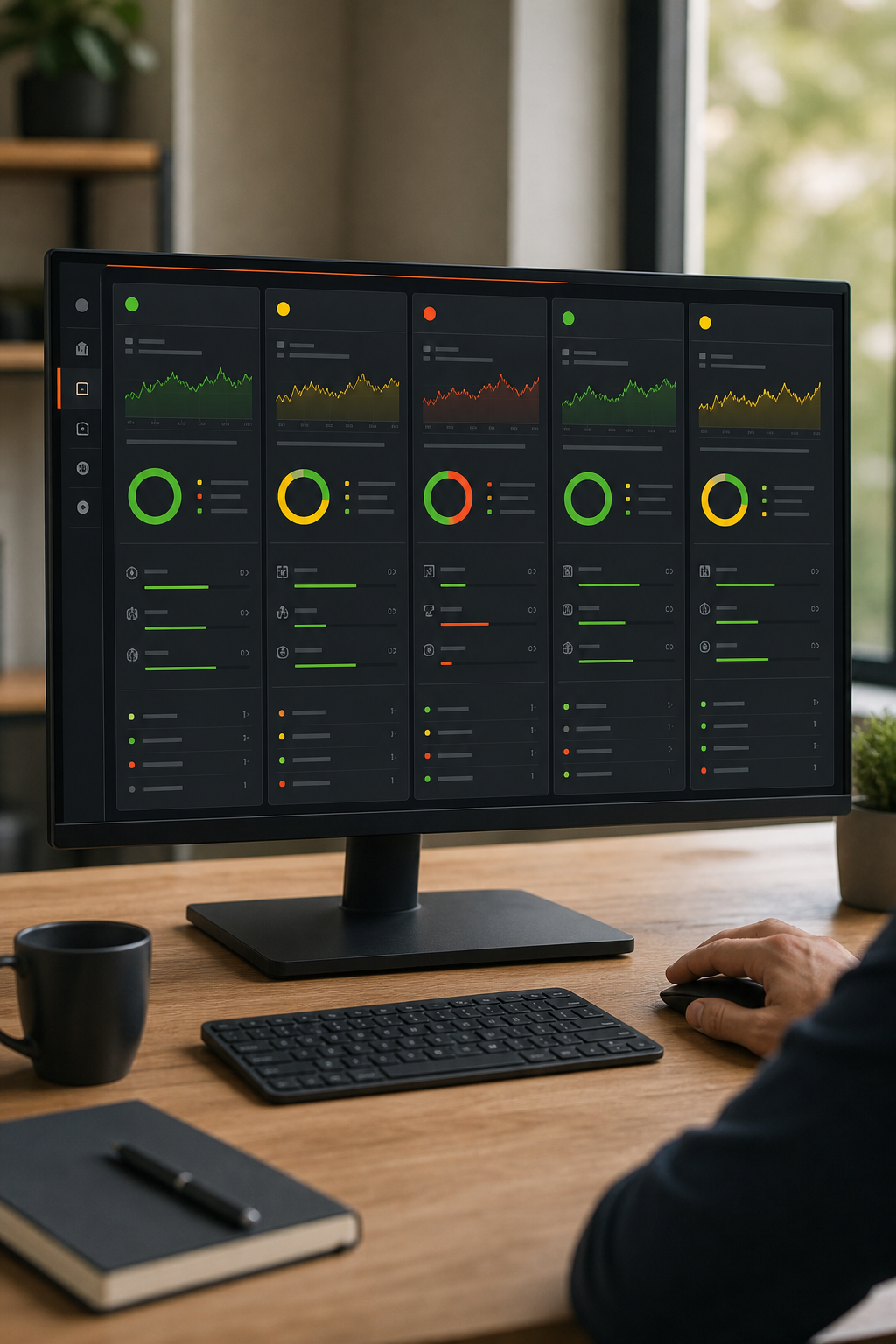A realistic dashboard interface showing multiple client instances side by side, each with its own status indicators and key metrics. Alt: Donely centralized dashboard managing multiple client instances.