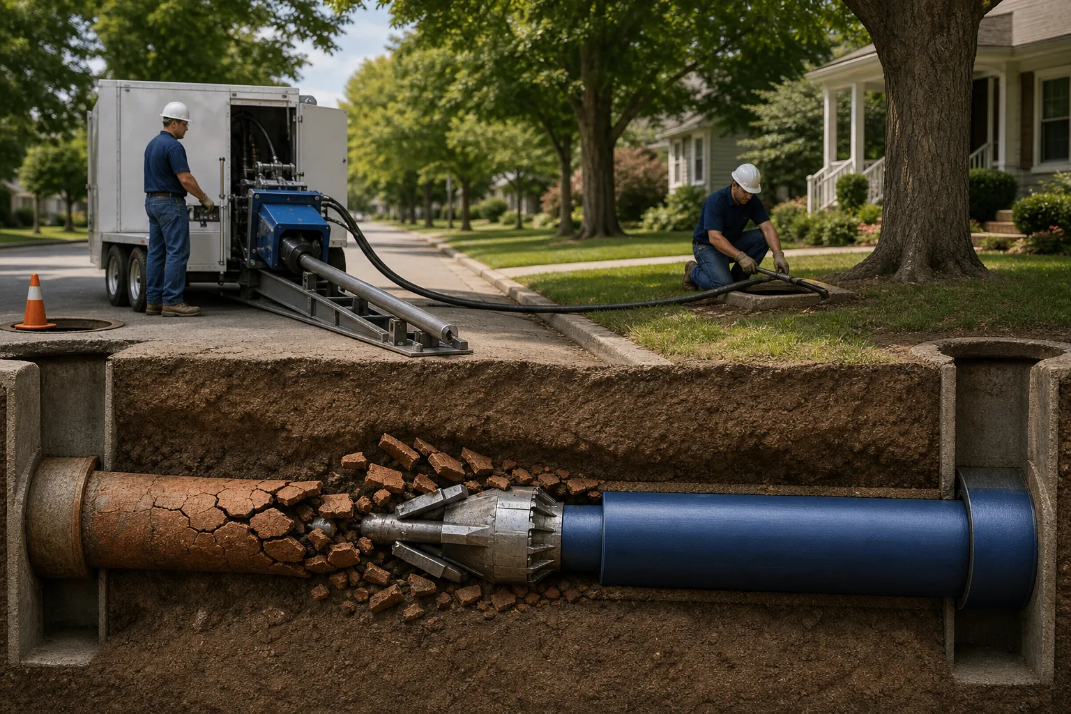 Pipe Bursting: visual reference for 4. Pipe Bursting , Replacing pipe by breaking the old one