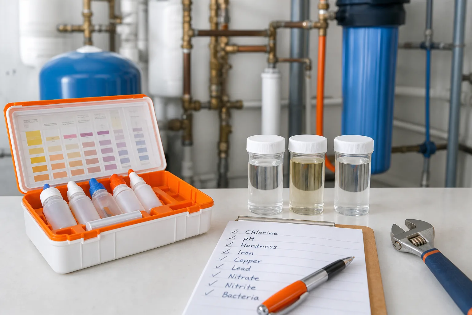 homeowner testing water contaminants before whole-house filter installation
