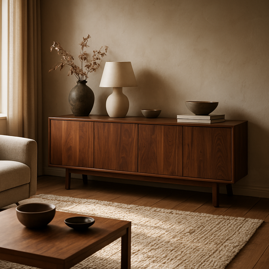 A cinematic, photorealistic scene of a stylish living room featuring a custom walnut sideboard, hand‑woven rug, and soft natural lighting, showcasing the harmonious blend of reclaimed wood and contemporary accessories, aimed at homeowners seeking luxury bespoke interiors. Alt: Bespoke Interiors living room design inspiration.