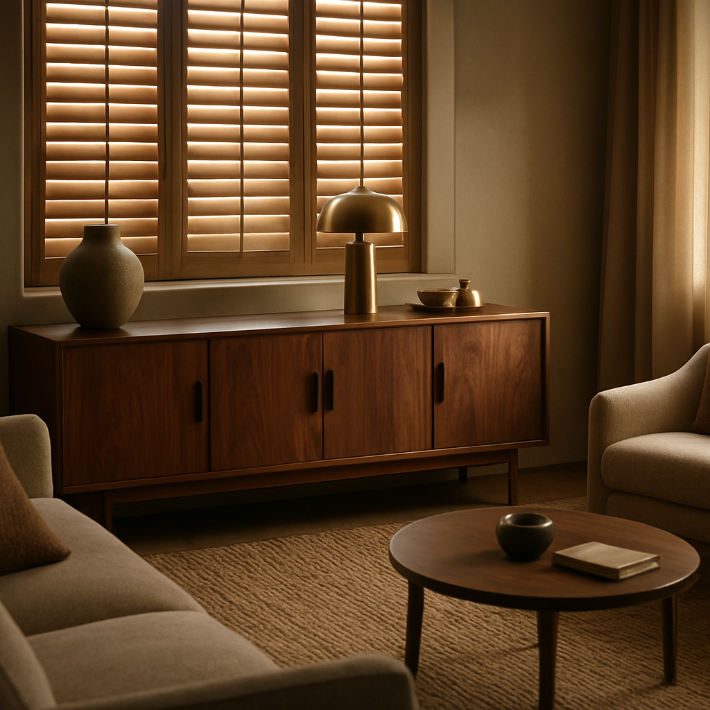 A cinematic, photorealistic scene of a stylish living room featuring a custom walnut sideboard, hand‑woven jute rug, brass‑finished accessories, and soft natural light filtering through wooden plantation shutters, highlighting the harmonious blend of bespoke furniture and curated homeware accessories. Alt: Bespoke Interiors homeware and accessories completing a luxurious living room.