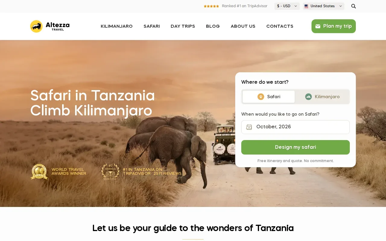 Screenshot of the Altezza Travel website