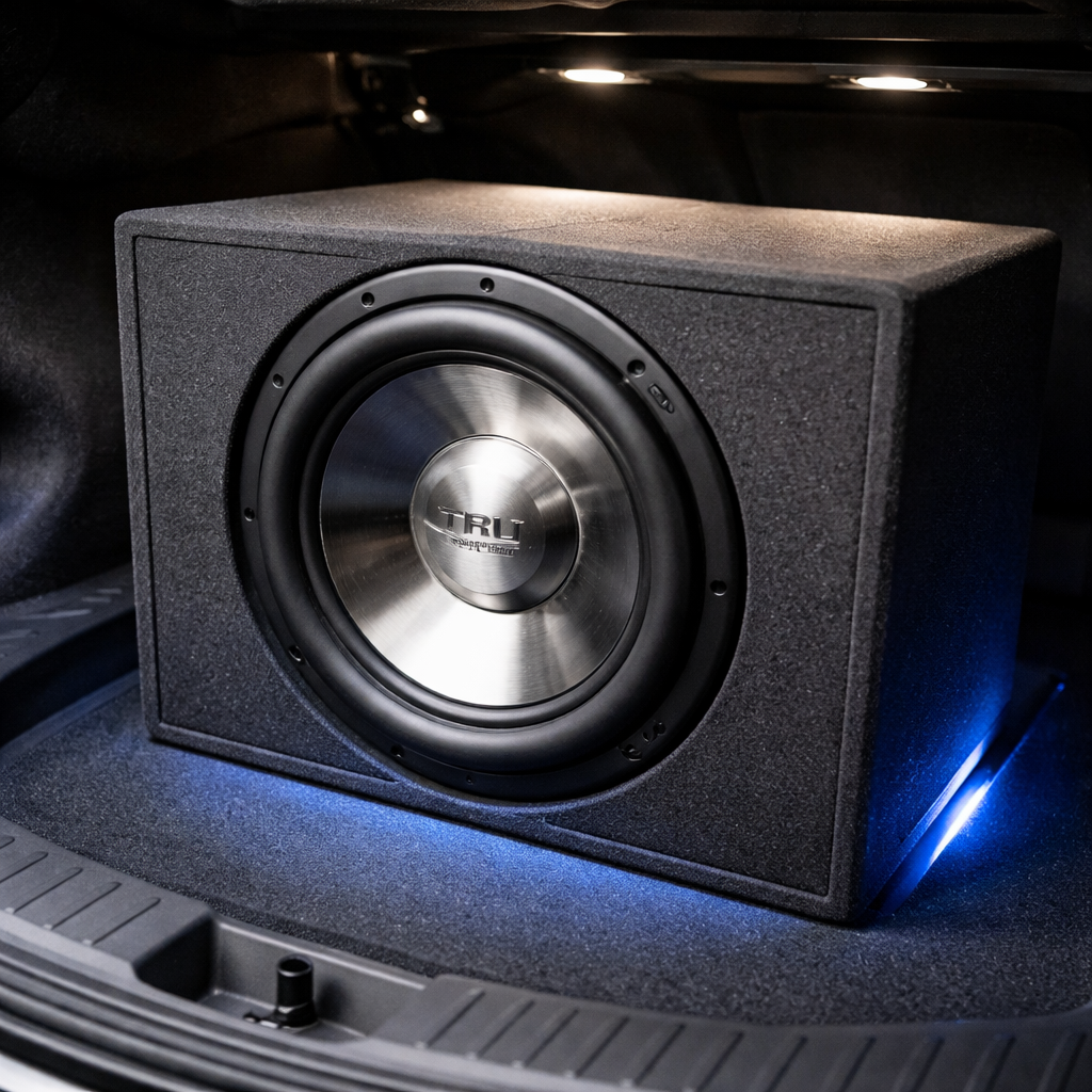 A photorealistic scene of a Tru Technology Billet Series 12‑inch subwoofer mounted inside a compact sealed MDF enclosure, shown from a slightly angled perspective in a car trunk. The image highlights the billet‑machined motor housing, the tight sealing of the box, and a subtle glow of LED accent lighting, appealing to car‑audio enthusiasts and custom‑shop installers. Style: Realism.