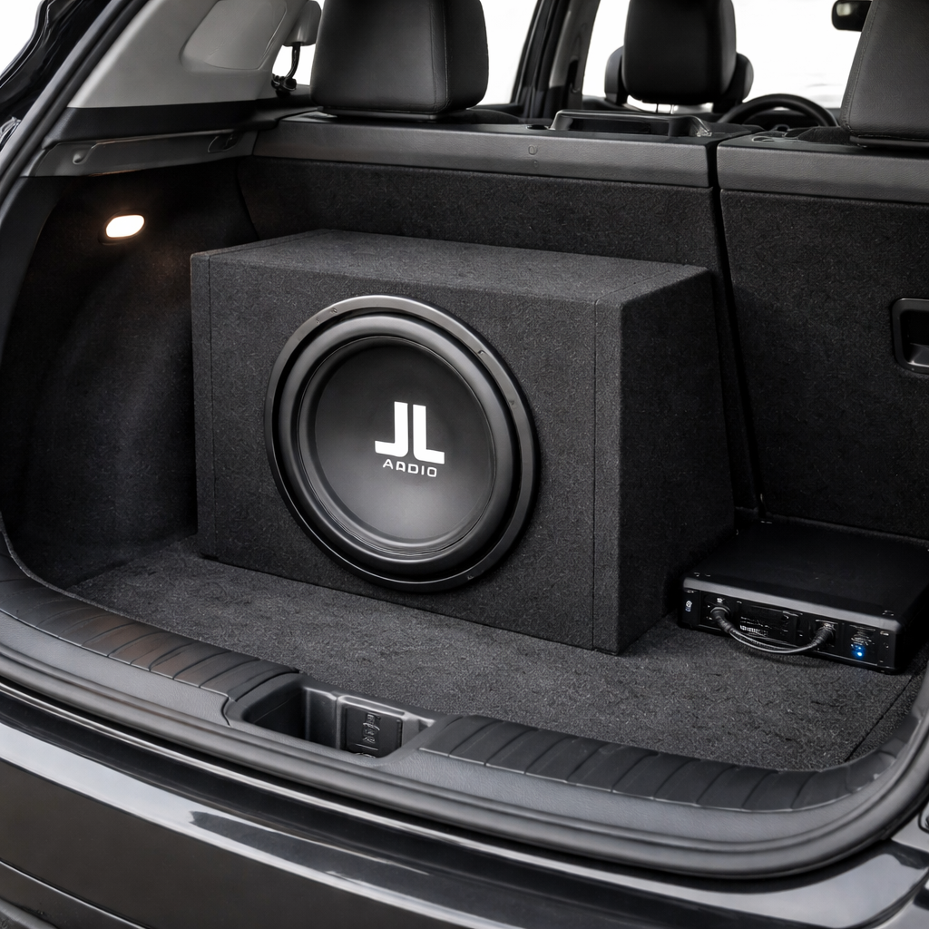 A photorealistic scene of a JL Audio 12W0v3 subwoofer mounted in a compact sealed MDF enclosure inside a modern hatchback trunk, showing the rigid CNC‑cut panels, acoustic caulk, and a stealth amp tucked under a seat. Alt: JL Audio 12W0v3 sealed enclosure for small cars.