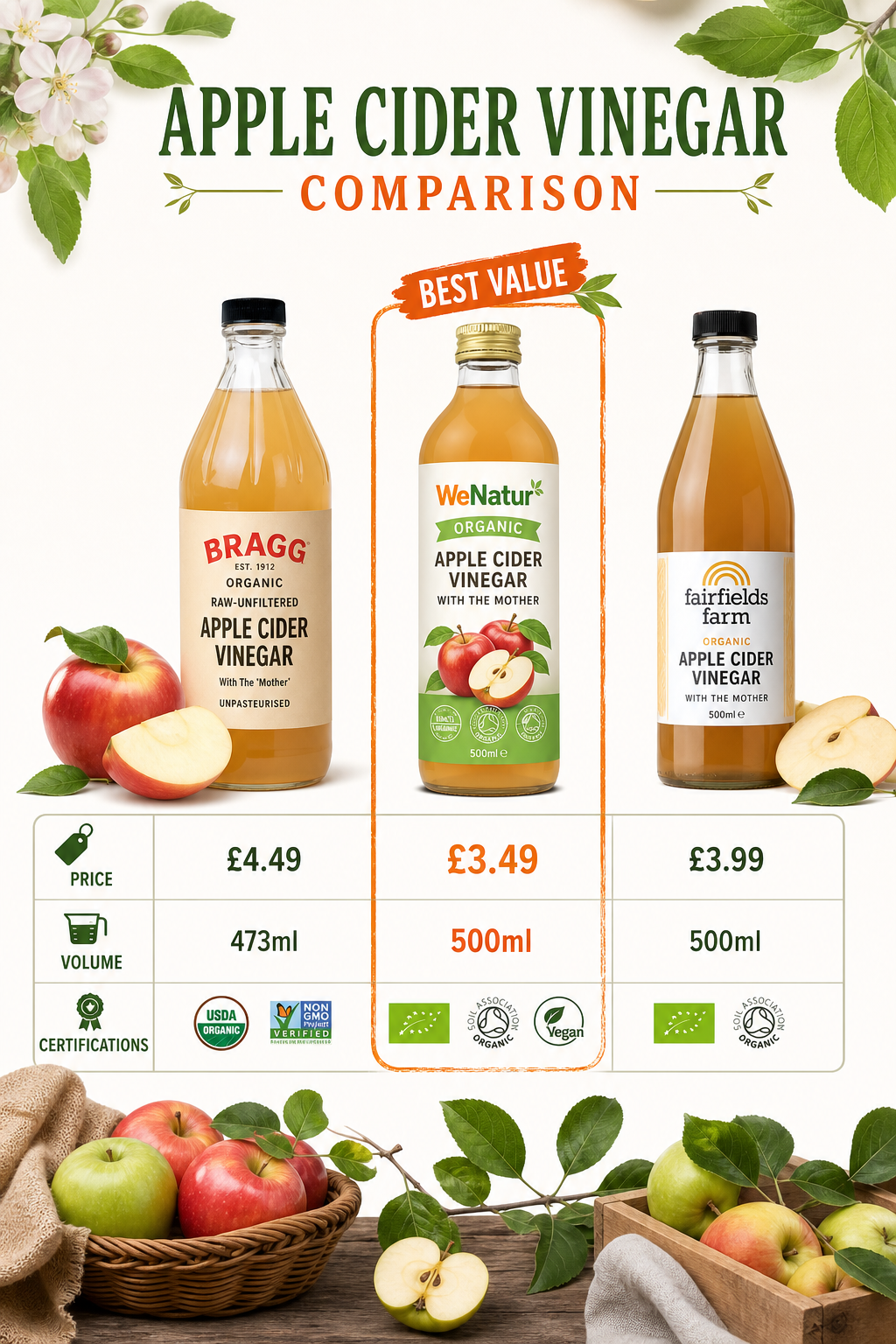 A stylized infographic showing a side‑by‑side comparison of apple cider vinegar bottles, highlighting price, volume, and certification icons on a clean white background. Alt: organik elma sirkesi fiyat karşılaştırma tablosu