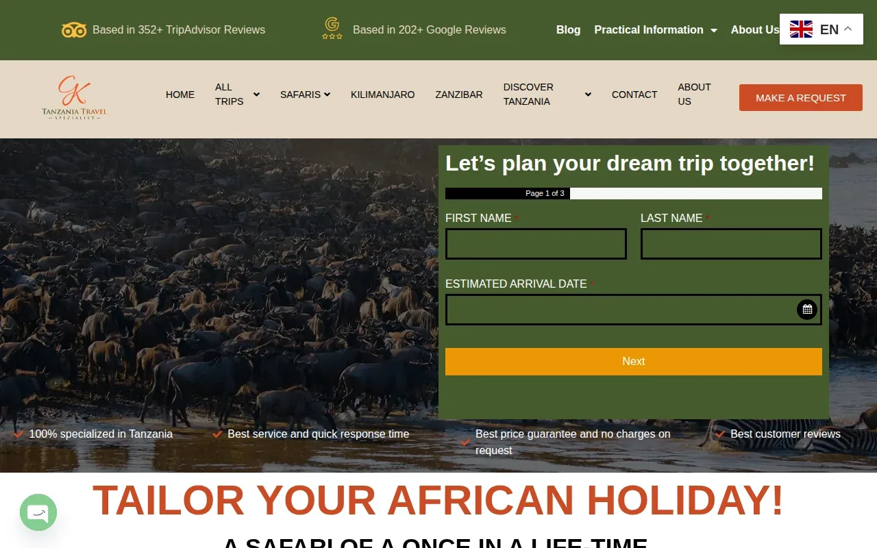 Screenshot of the K & G Tanzania Travel Specialist website