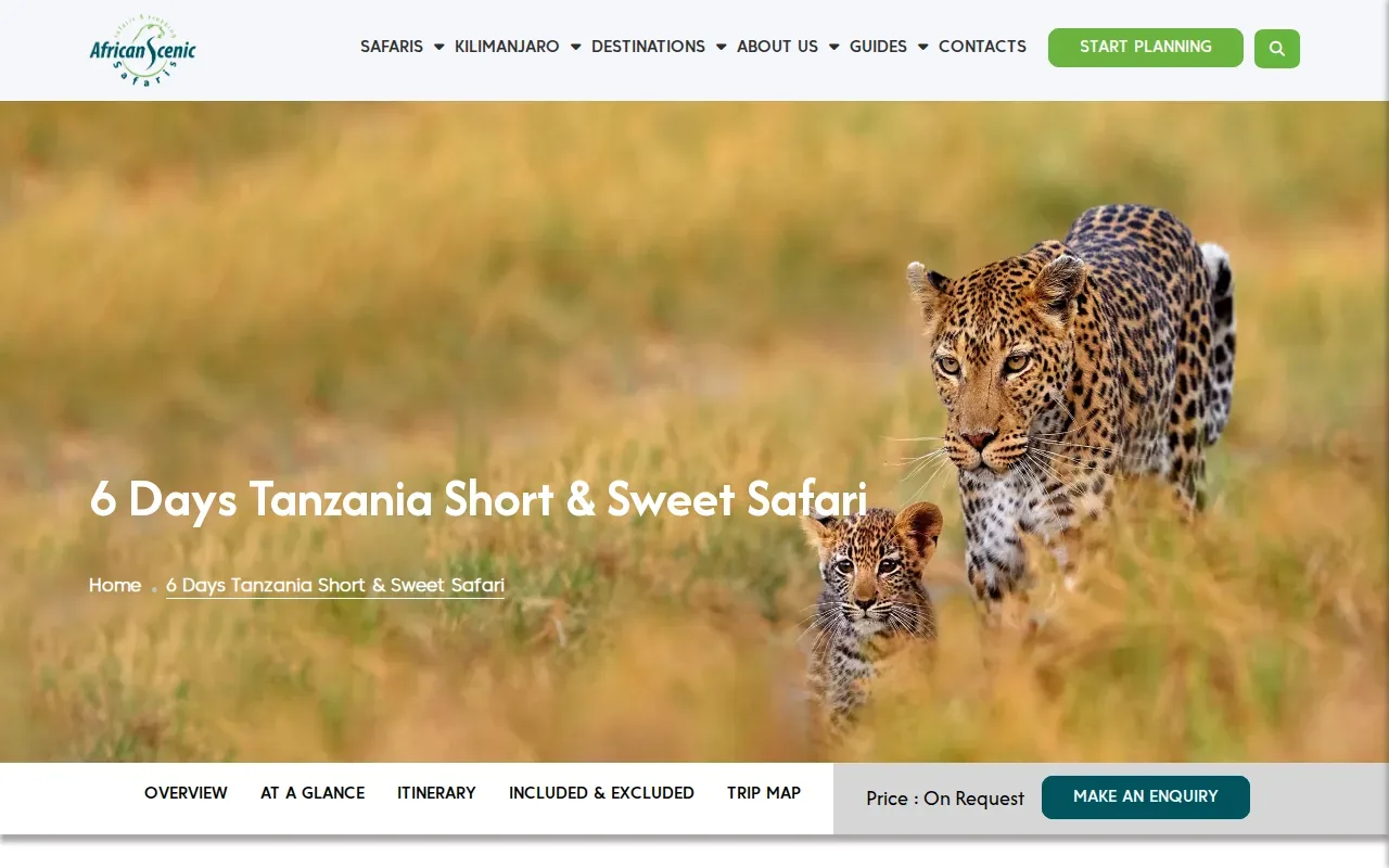 Screenshot of the 6 Days Tanzania Safari Short & Sweet Adventure by African Scenic Safaris website