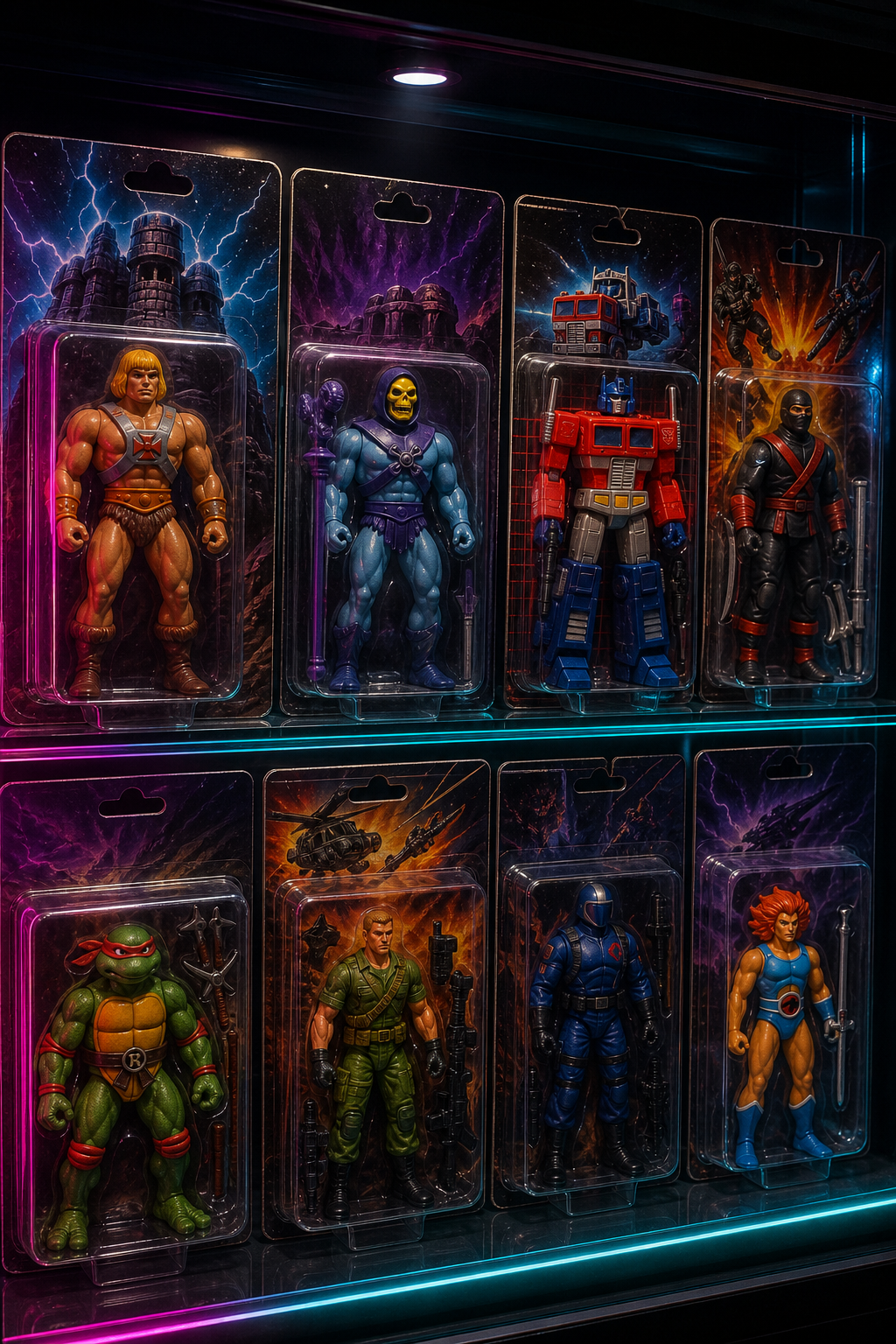 A dimly lit display case with rare 80s action figures in original packaging, glowing under a spotlight, in