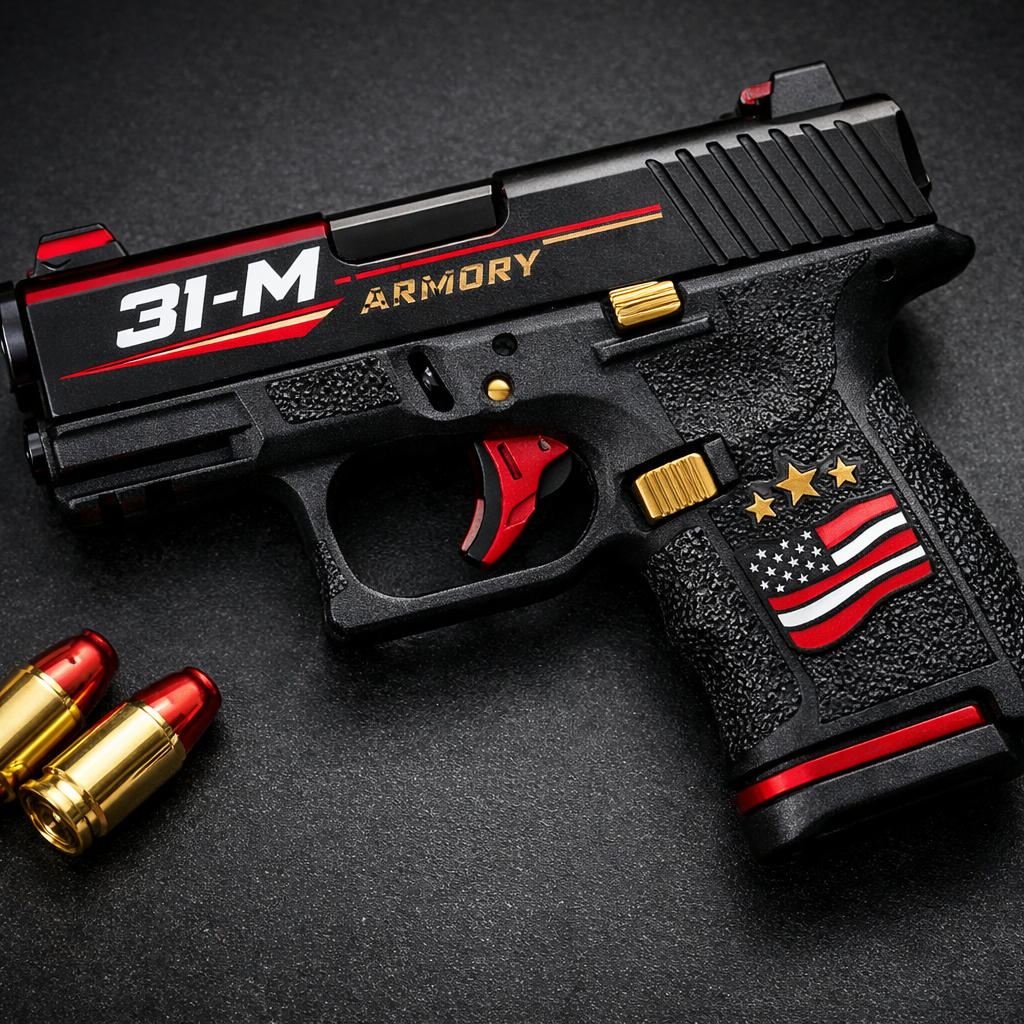 A realistic close‑up of a compact 9mm pistol on a dark matte surface, showing textured grip and slide, Alt: compact 9mm pistol ergonomic view