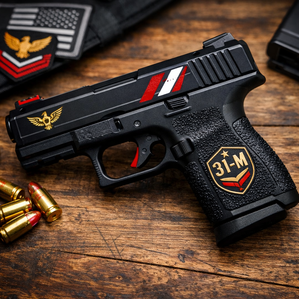 A realistic photo of a modern polymer‑frame pistol on a wooden table, showing the slide and grip texture, Alt: polymer‑frame pistol reliable classic