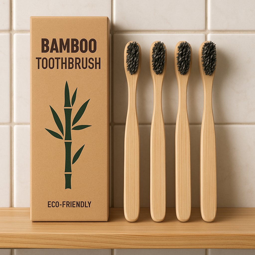 A collection of bamboo toothbrushes with charcoal bristles arranged on a wooden bathroom shelf, highlighting their eco‑friendly packaging. Alt: Affordable bamboo charcoal toothbrush set displayed on a bathroom counter