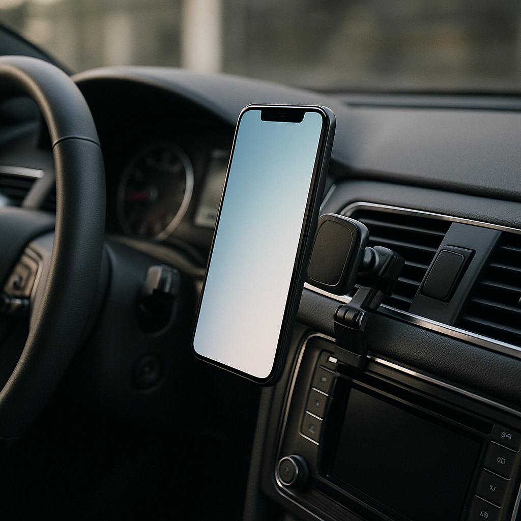A sleek car interior with a magnetic phone mount clamped to the dashboard, showing a phone at a clear viewing angle. Alt: best affordable heavy duty magnetic phone mount for car