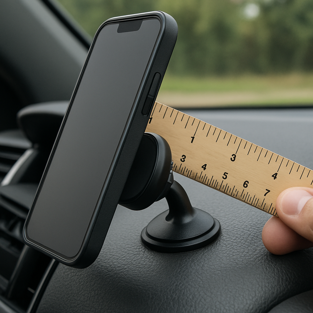 A close‑up of a magnetic phone mount being tested on a car dashboard with a ruler applying sideways force, showing the phone staying firmly in place. Alt: durability test of best affordable heavy duty magnetic phone mount for car
